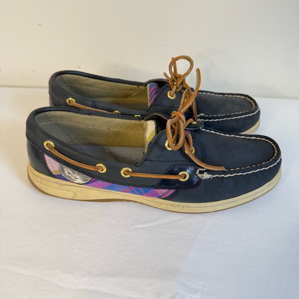 Sperry Navy and Pink Plaid Loafers